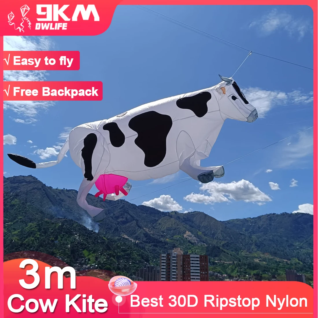 

9KM 3m Cow Kite Soft Inflatable Line Laundry Kite 30D Ripstop Nylon with Bag for Kite Festival (Accept wholesale)