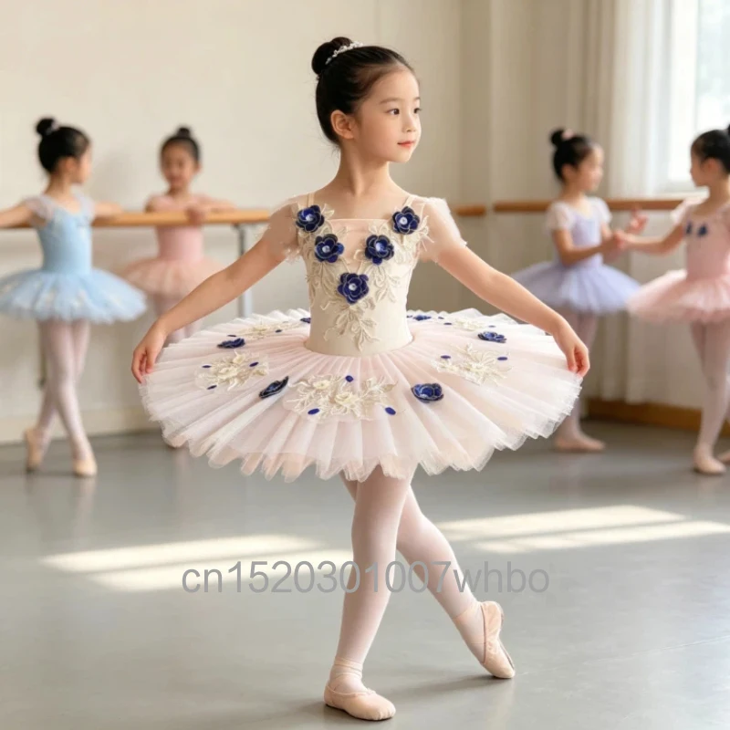 children's-ballet-performance-dress-blue-flower-decoration-sheer-skirt-daily-rehearsal-performance-three-dimensional-costume