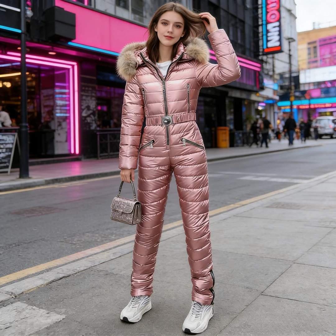Jumpsuits One Piece Ski Suit Winter Thicken Snow Place Down Cotton Women Suits Warm Hooded Waist Slim Shiny Outdoor Sports view 4