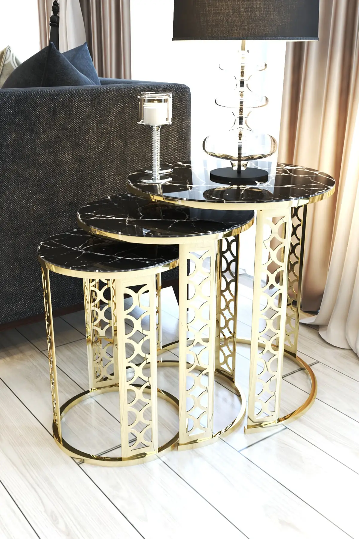 Black Marble Pattern Lux Laser Detailed Gold Zigon Coffee Table Set