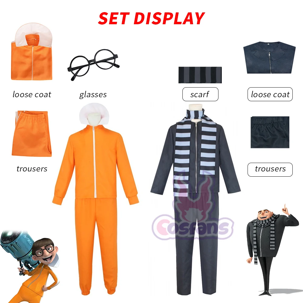 Disfraz de película Minion Thief Dad Gru, disfraz de fiesta de Halloween, disfraz de Vector, disfraz de Cosplay naranja Jakect, pantalón, gafas, trajes