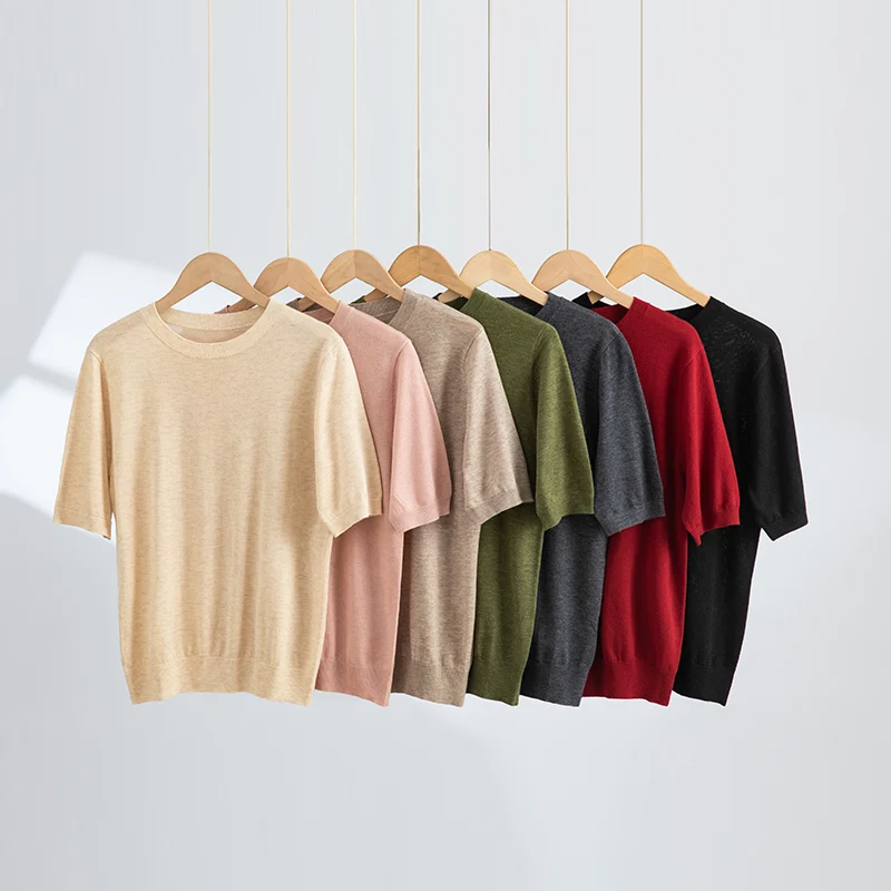 WinvyNee Women Worsted Wool Crew Neck Plain Short Sleeve Pullover Spring Autumn Classic Chic Lightweight Basic Staple A1757021A image 6