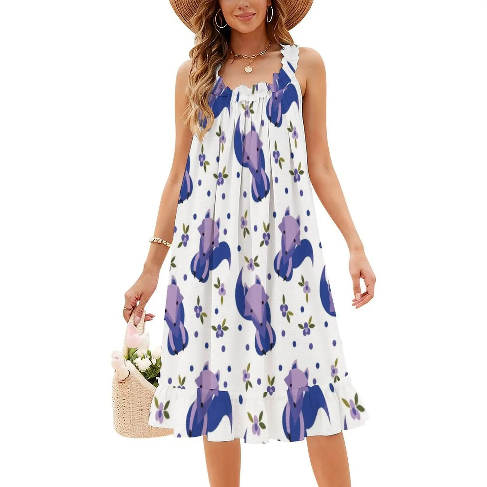 Cute Purple Fox And Pretty Floral Pattern Sexy Vacation Dress For Women Beach Party Birthday Mini Dress Purple Fox Flowers Fox