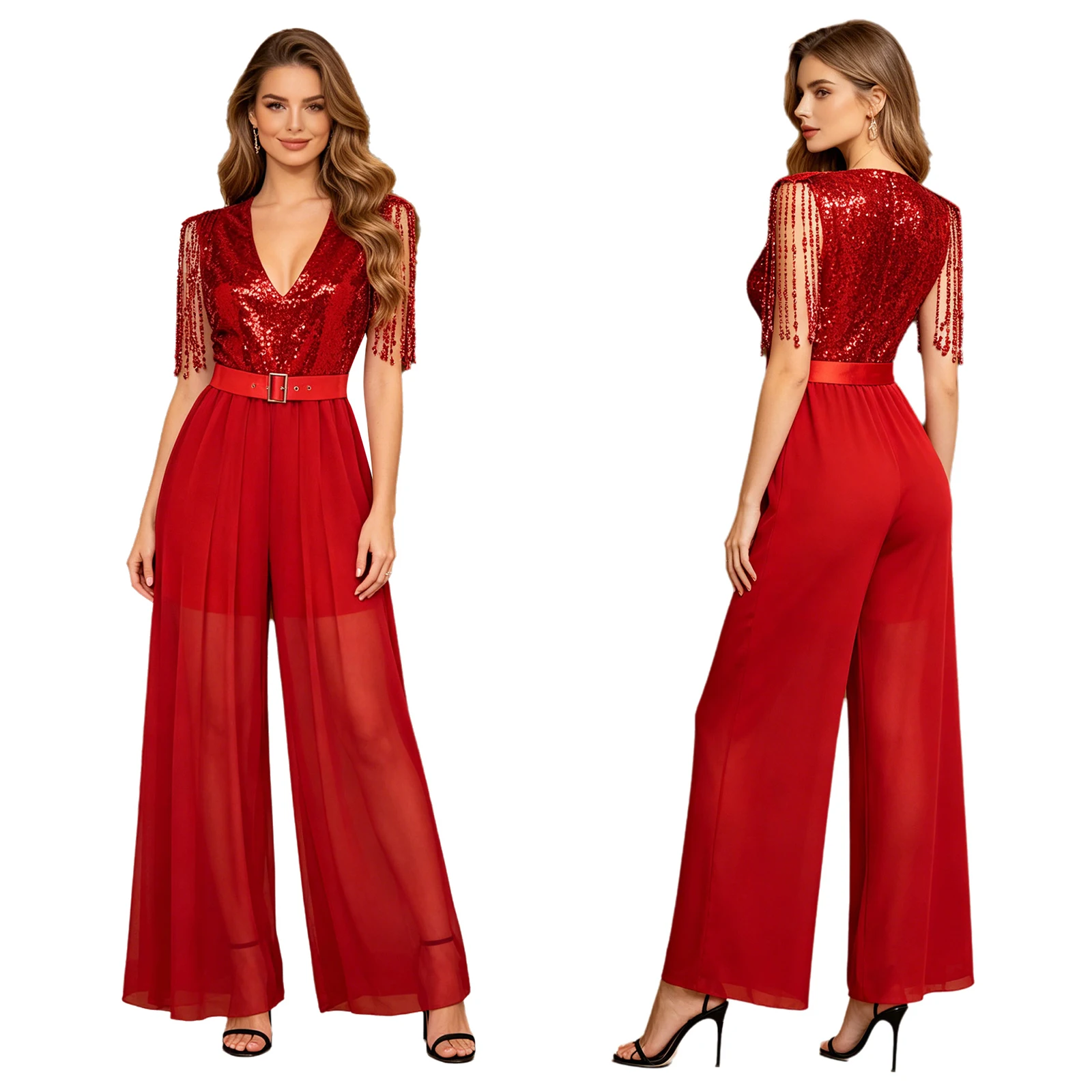 Women Modern Lyrical Dance Jumpsuit Shiny Sequin Sheer Chiffon Party Rompers Deep V Neck Tassel Wide-leg Bodysuit with Belt