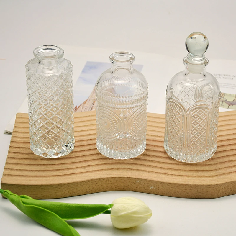 130/150/200ml Embossed Aromatherapy Empty Bottle Small-bore Glass Vial Essential Oil Bathroom Reed Diffuser Jar Home Decor Vase