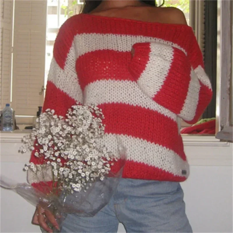 2024 Autumn Winter Crochet Knit Stripe Jumper Women White and Blue Sweater Loose O Neck Long Sleeve Pullover Tops Y2k Streetwear