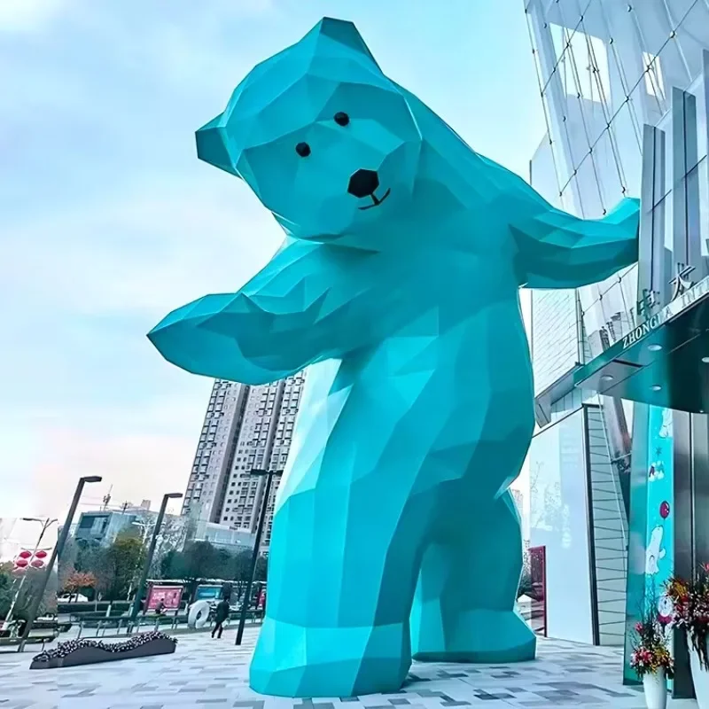 Modern Outdoor Square Large Metal Sculpture Blue Bear Glass Steel Rabbit Penguin Sculpture Public Art Geometry Animal Sculpture