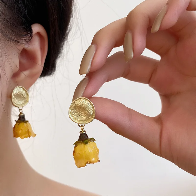 أقراط دامو أقراط وردية مجففة رومانسية زيت بالتنقيط أحمر أصفر زهرة إكسسوار مجوهرات صيفية شعبية أقراط عصرية أنيقة #5