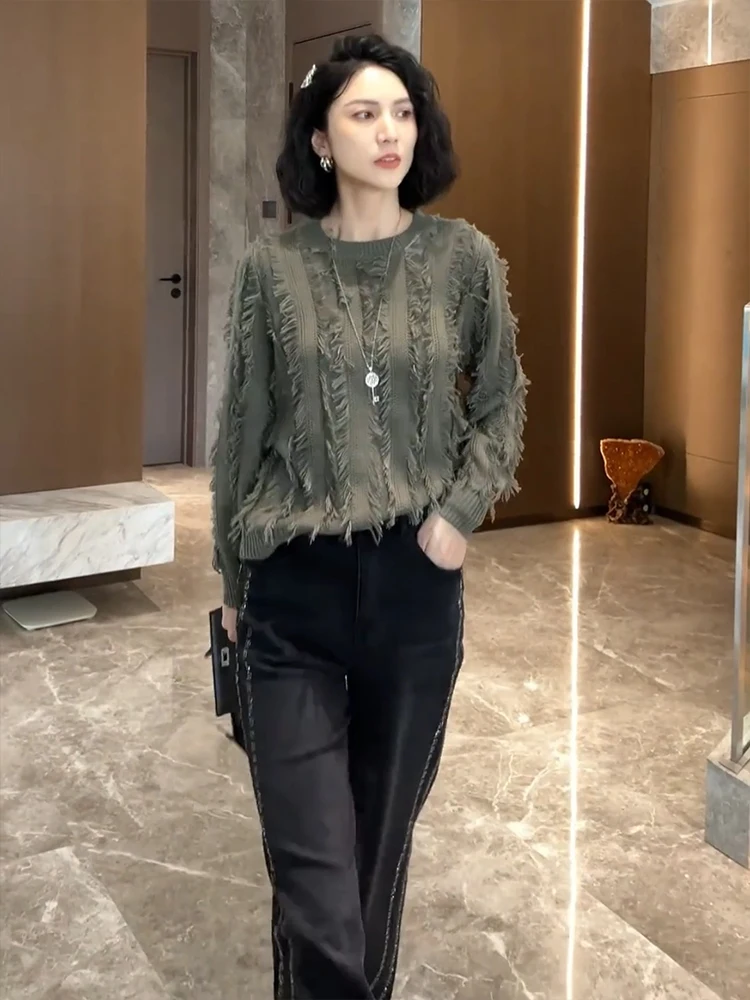 

Faionable Long Sve Knitted Base Layer Women's Top round Ne Tassel Trim Woolen Sweater Autumn Winter New Sle Versatile