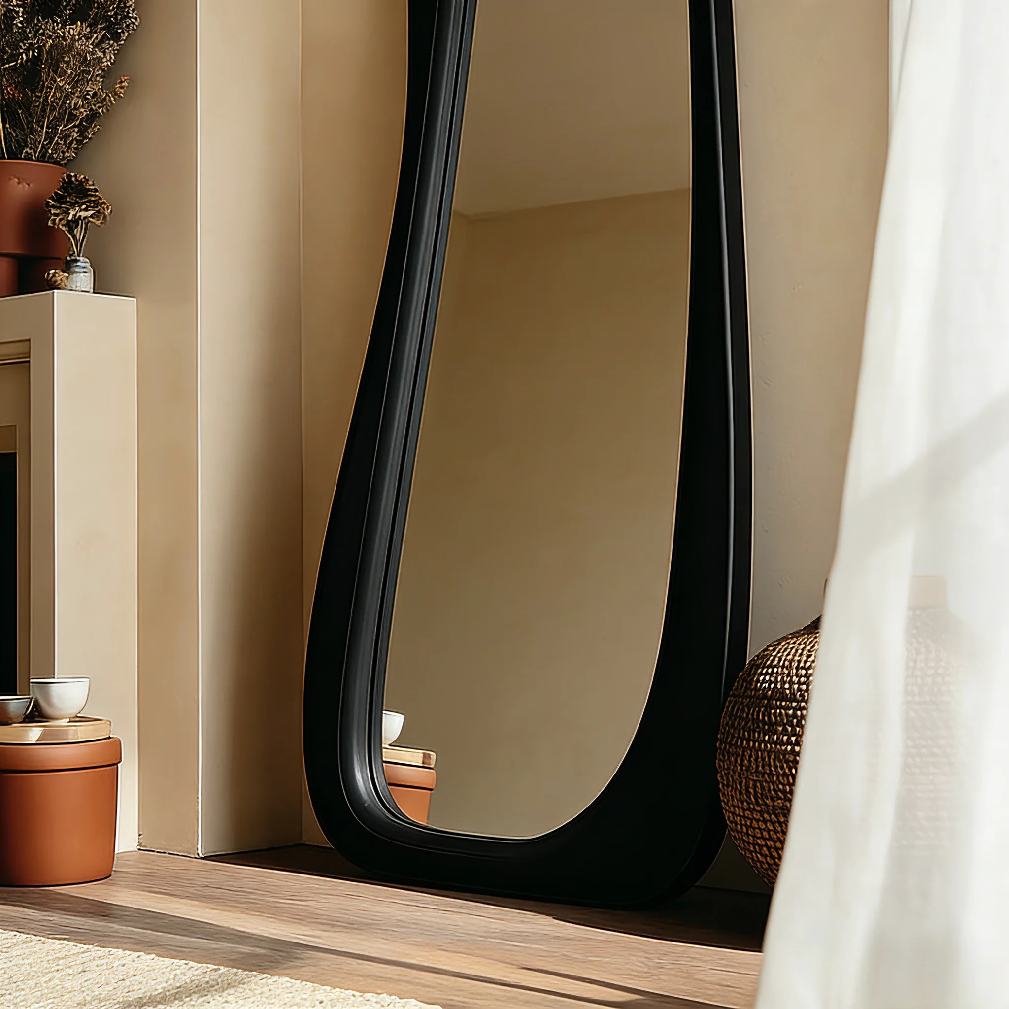 Silent wind special-shaped full-body mirror irregular wave floor mirror advanced sense Internet celebrity black frame full-lengt view 5