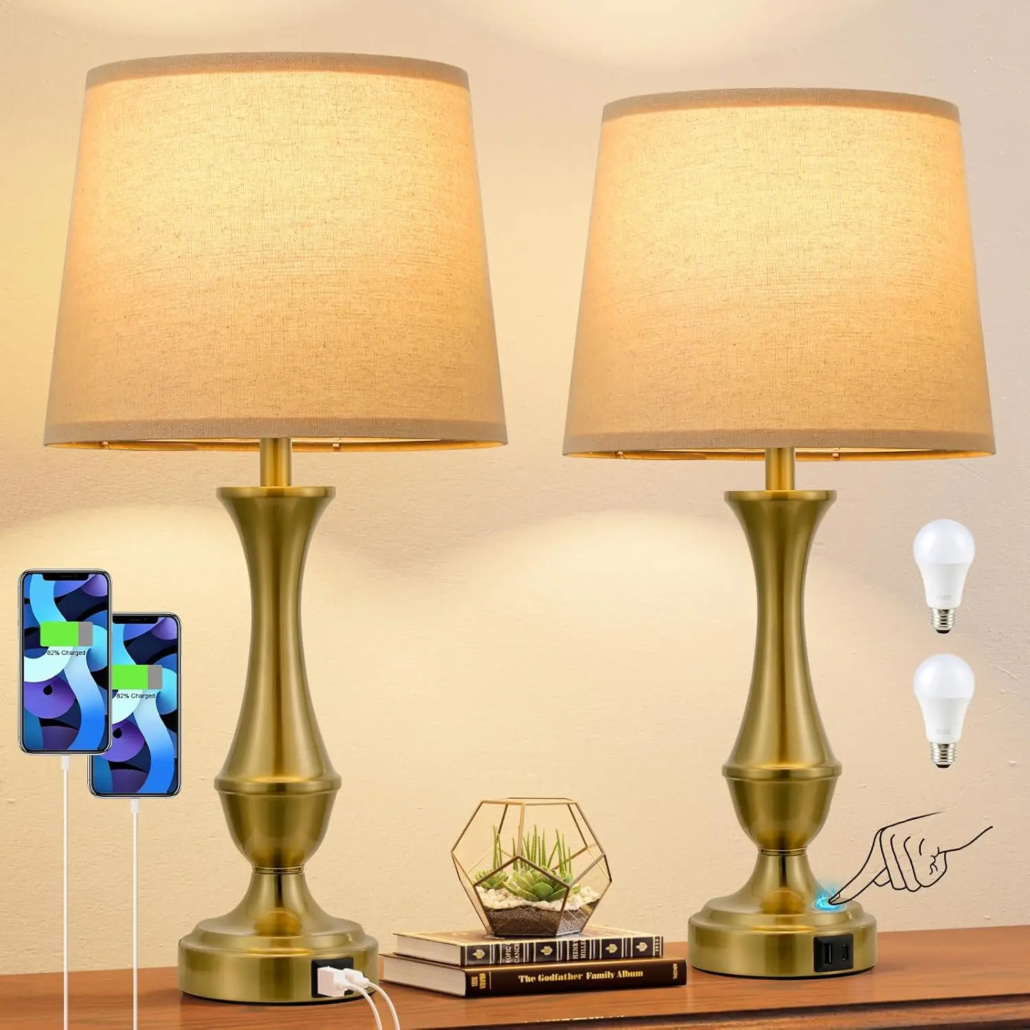 

Upgraded Touch Lamps For Night Stands Set Of 2 - Bedside Lamps With Usb C+A, 3 Way Dimmable For Bedroom Living Room End Tables