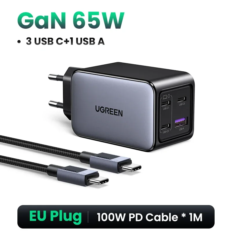 UGREEN 65W GaN-oplader 4 poorten USB C snellader Quick Charge 3.0 PD 3.0 voor Macbook Air Laptops Tablet iPhone 16 15 14 Pro Max