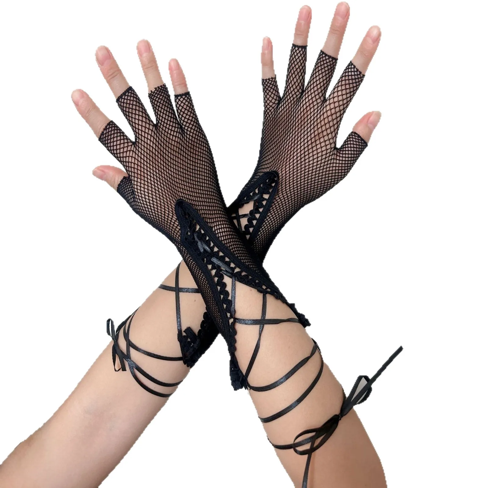 Gloves Black Strappy Lace Breathable Sun Protection Edgy Subculture Nightclub Stage Performance Women Lightweight Elastic