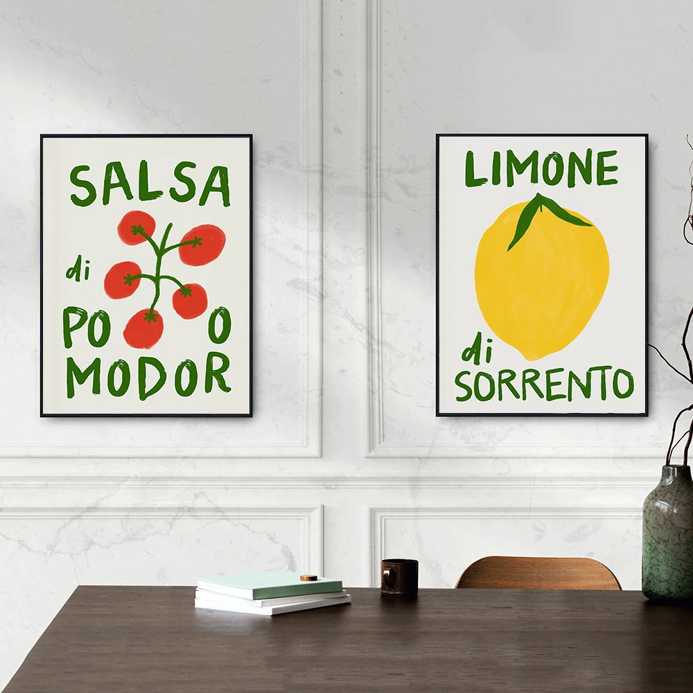 Italian Travel Summer Modern Abstract Fruit Tomato Lemon Wall Art Print Handwritten Quote Canvas Poster Kitchen Home Decoration