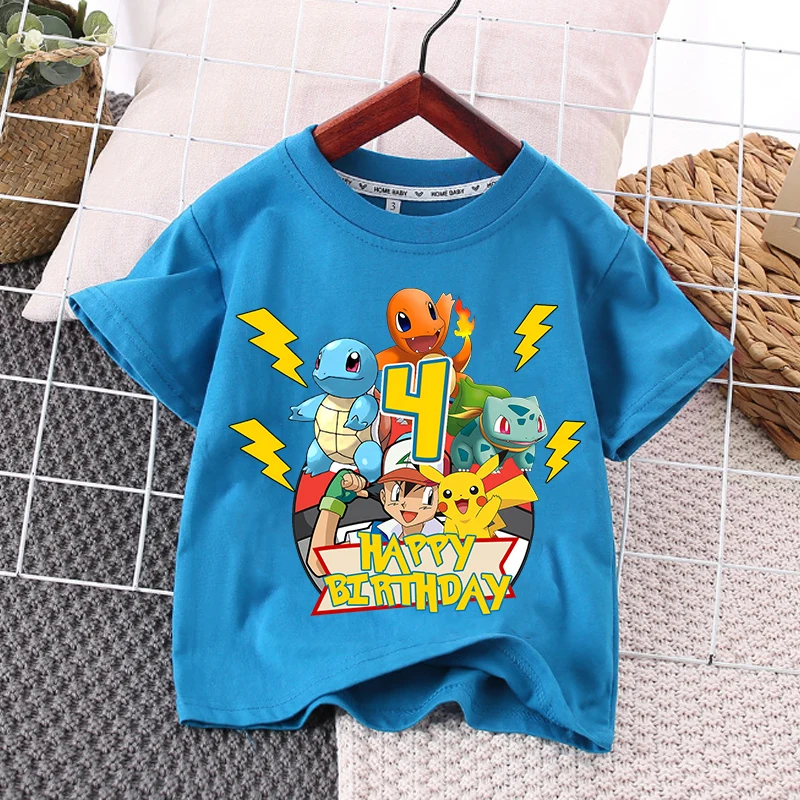 

Pikachu Birthday T-shirt Summer New PPokemons Kids Clothes Boys Anime Digit 1-10 Short Sleeve Children Fashion Tees Tops Gift