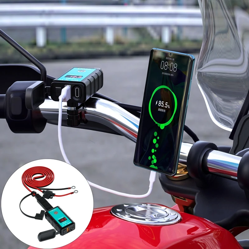 12-24V Motorcycle Type-C USB Charger SAE To USB Type-C With LED Voltmeter Switch