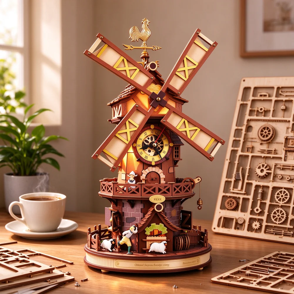 Wooden Windmill Clock DIY 3D Puzzle Building Kit with LED Light Desk Decor Gift for Adults DIY Enthusiasts Birthday Holiday