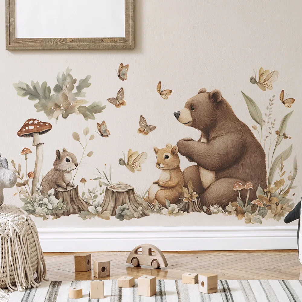 Cartoon Brown Bear Squirrel Wall Sticker For Children Room Background Decoration Mural Kids Bedroom Decor Removable Home Decals