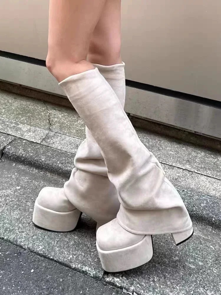 

Autumn Winter Women's Beige Suede Knee High Boots Ruched Design Round Toe Platform Block Heel Fashion Long Boots Large Size