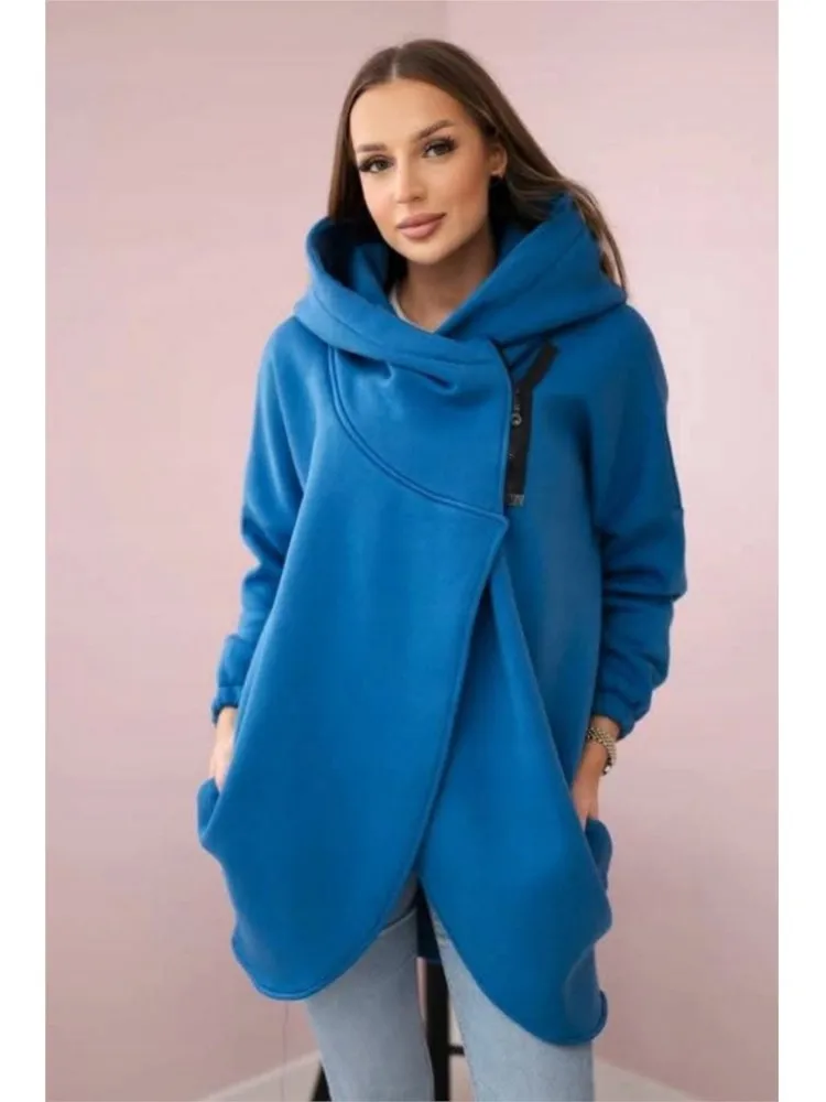 Women Fashion Irregular Zipper Fleece Sweatshirt Hooded Autumn Winter Casual Solid Color Long-sleeved Loose Coat Female Hoodie