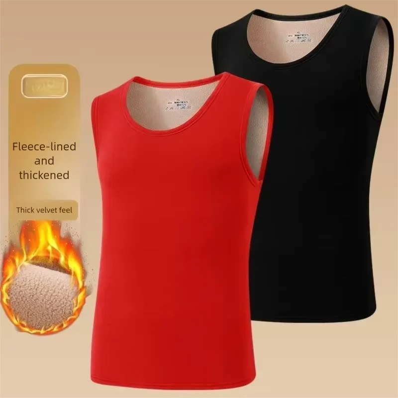 8XL Men Winter Warm Vest Thick Fleece Lined Sleeveless Thermal Underwear Top Elastic Solid Thermo Shirt Plus Size Black 7XL-5XL