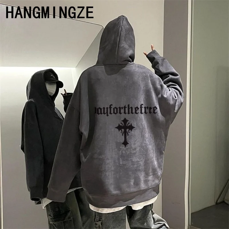 American Vintage Suede Letter Print Sweatshirt Gothic Hoodie Fall Trend Fashion Loose Men Women Clothing 2024