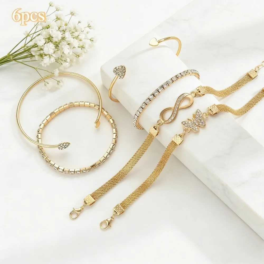 6-Piece Set of Zinc Alloy Women's Heart-Shaped Open Bracelets, Vintage Simple and Exquisite Style, Adjustable Open Design, Smooth Texture, Easy to Match, Suitable for Daily Wear, Street Style, and Holiday Gifts