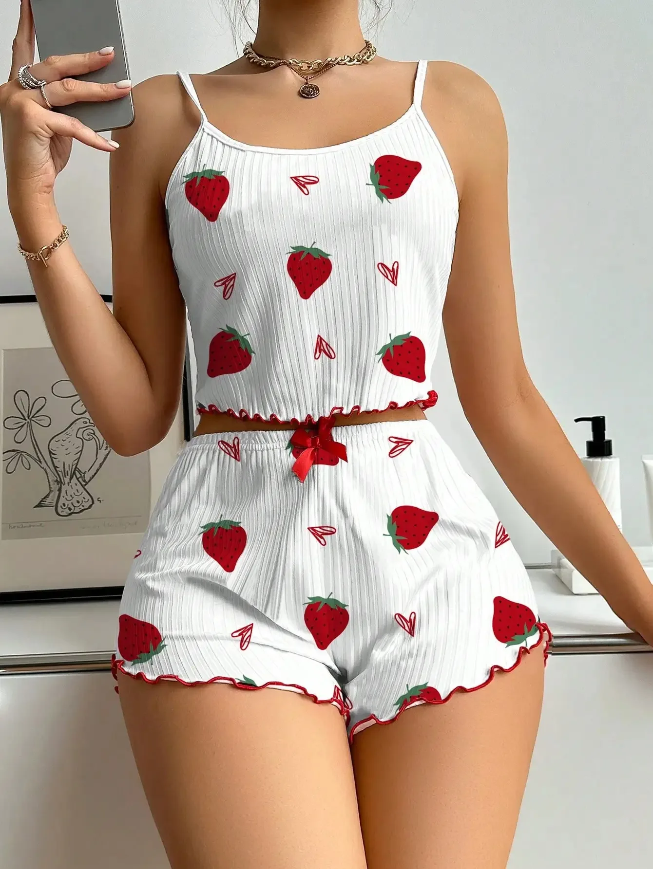

Summer Sleepwear Women's 2 Pieces Pajamas Set Camisole Strawberry Printing Casual Vest Tops and Shorts Loungewear