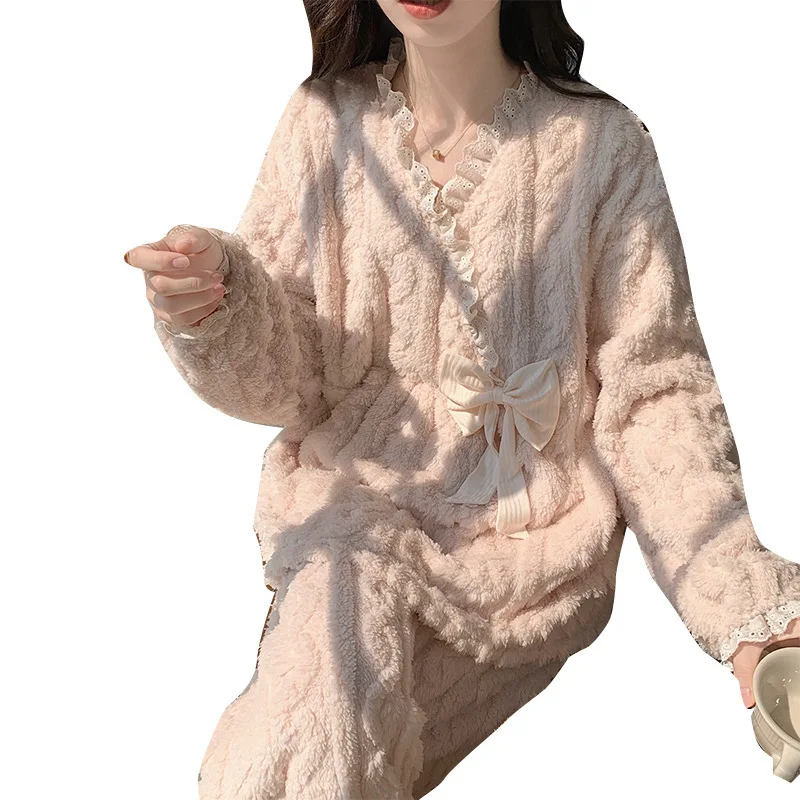 Engrossado coral velo pijamas feminino conjunto de duas peças inverno de pelúcia casa roupas estilo princesa com decote em v manga longa pijamas