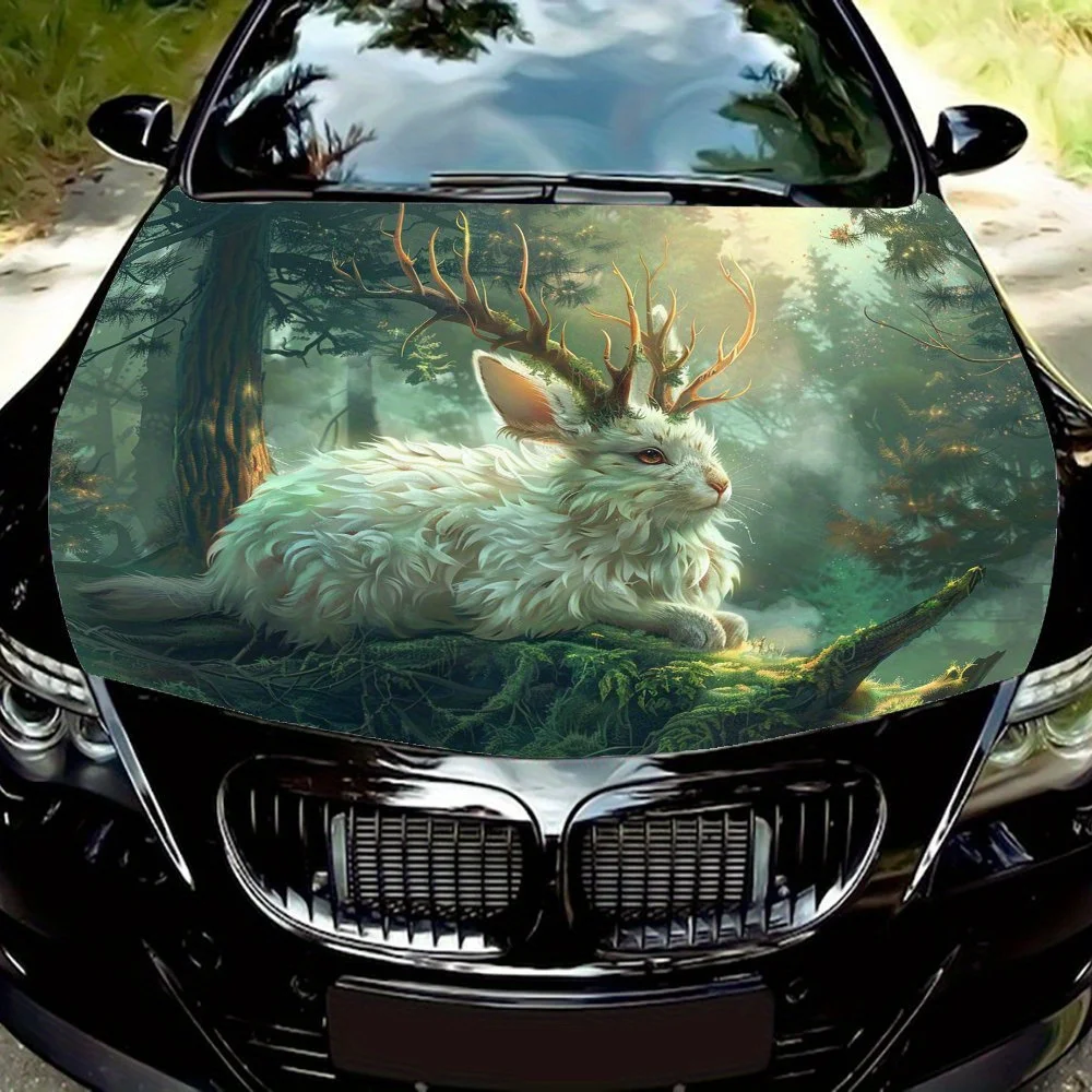 Deerhorn White Rabbit Forest Dream Car Vinyl Wraps, Car Engine Hood Graphics, PVC, Suitable for All Types of Vehicles, Natural F
