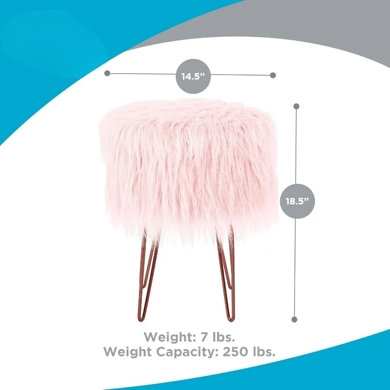 Pink Faux Fur Vanity Stool Chair - Soft Furry Compact Padded Seat - Vanity, Living Room, Bedroom and Kids Room Chairs