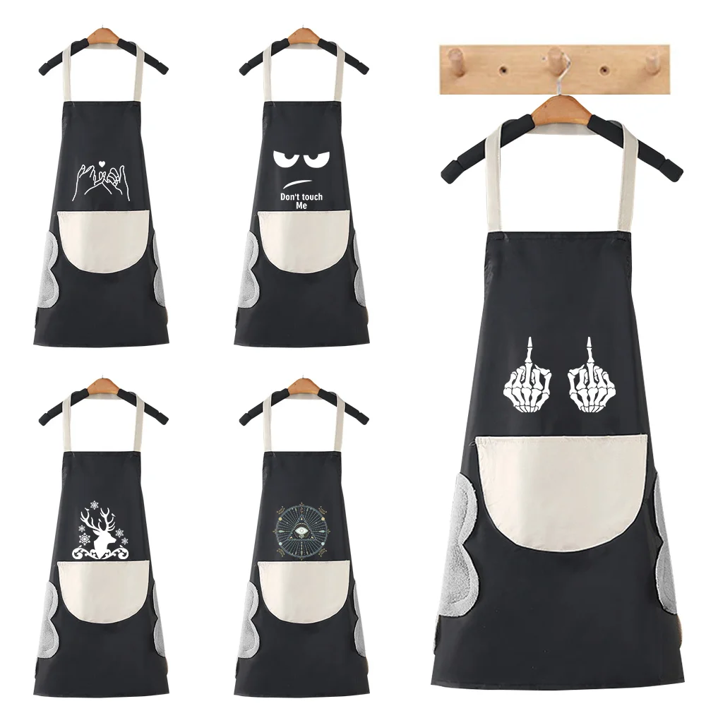 Waterproof Kitchen Apron Household Oil Resistant Work Apron White Picture Pattern Black Dirt-Proof Cleaning Aprons with Pockets