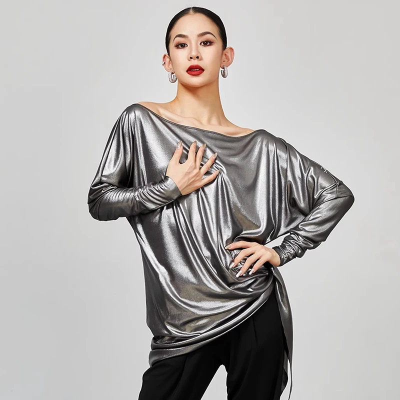 

New Loose Latin Dance Tops Women Glossy Oblique Shoulder T Shirt Adult Rumba Dance Costume Practice Perofrmance Clothes JL5929