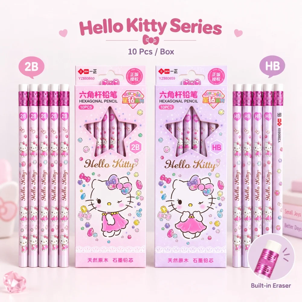 Genuine Sanrio Hello Kitty Kuromi 2B HB Hexagonal Pencils 10Pcs Pack Character Goods for Writing Study Drawing Collection