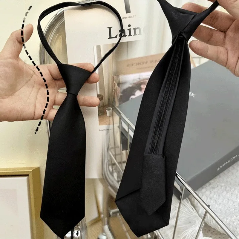 

JK Japanese Black Simple Clip on Tie Security Tie Doorman Steward Matte Black Funeral Necktie for Men Women Students Tie