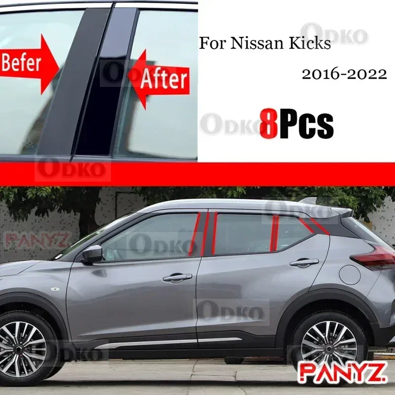 

8 шт. черные полированные стойки, подходят для Nissan Kicks 2016-2022, накладка на окно автомобиля, наклейка на колонку BC, хромированный стиль