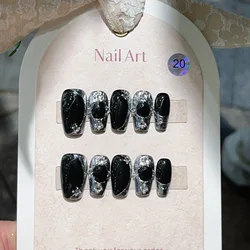 10Pcs Black Metal Med-Length Ballet False Nails Press on Wearable Handmade Dark Cool Style Fake Nails Full Over Manicure Tip Art