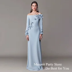 Light Blue Evening Dress Customized Boat Neck Long Sleeves Flowers Straight Formal Occasion Dresses Saudi Arab Prom Gown