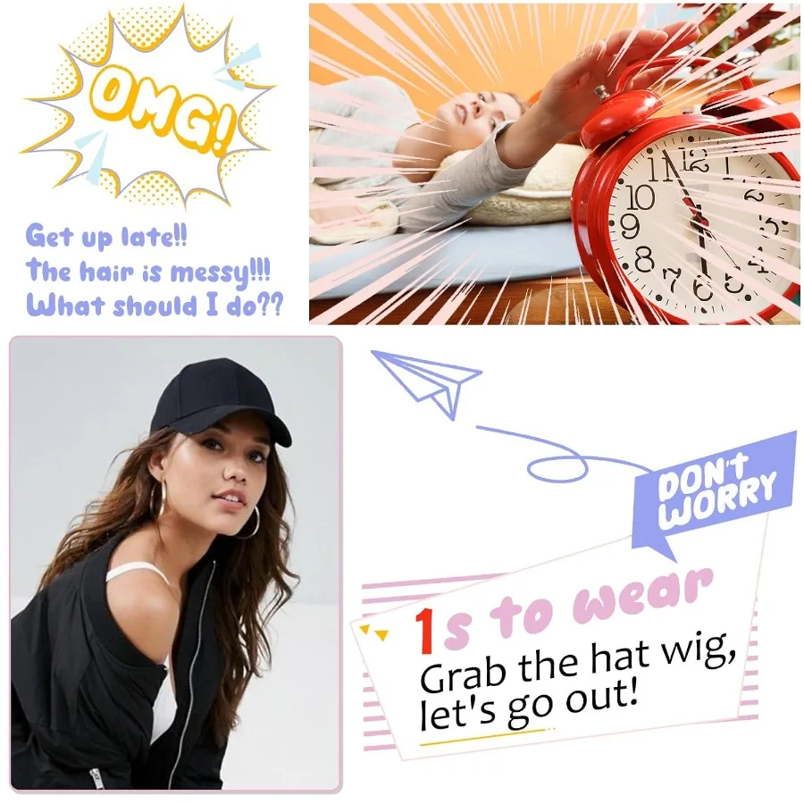 باروكة قبعة بيسبول سوداء قابلة للتعديل مقاس 24 بوصة مع وصلات شعر صناعية طويلة مموجة للنساء والفتيات مثالية لمرحلة الحفلات التنكرية