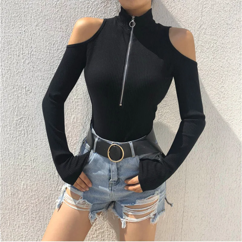 Black women\'s ribbed sexy zipper jumpsuit long sleeved clothing women\'s fashionable autumn and winter tight top women