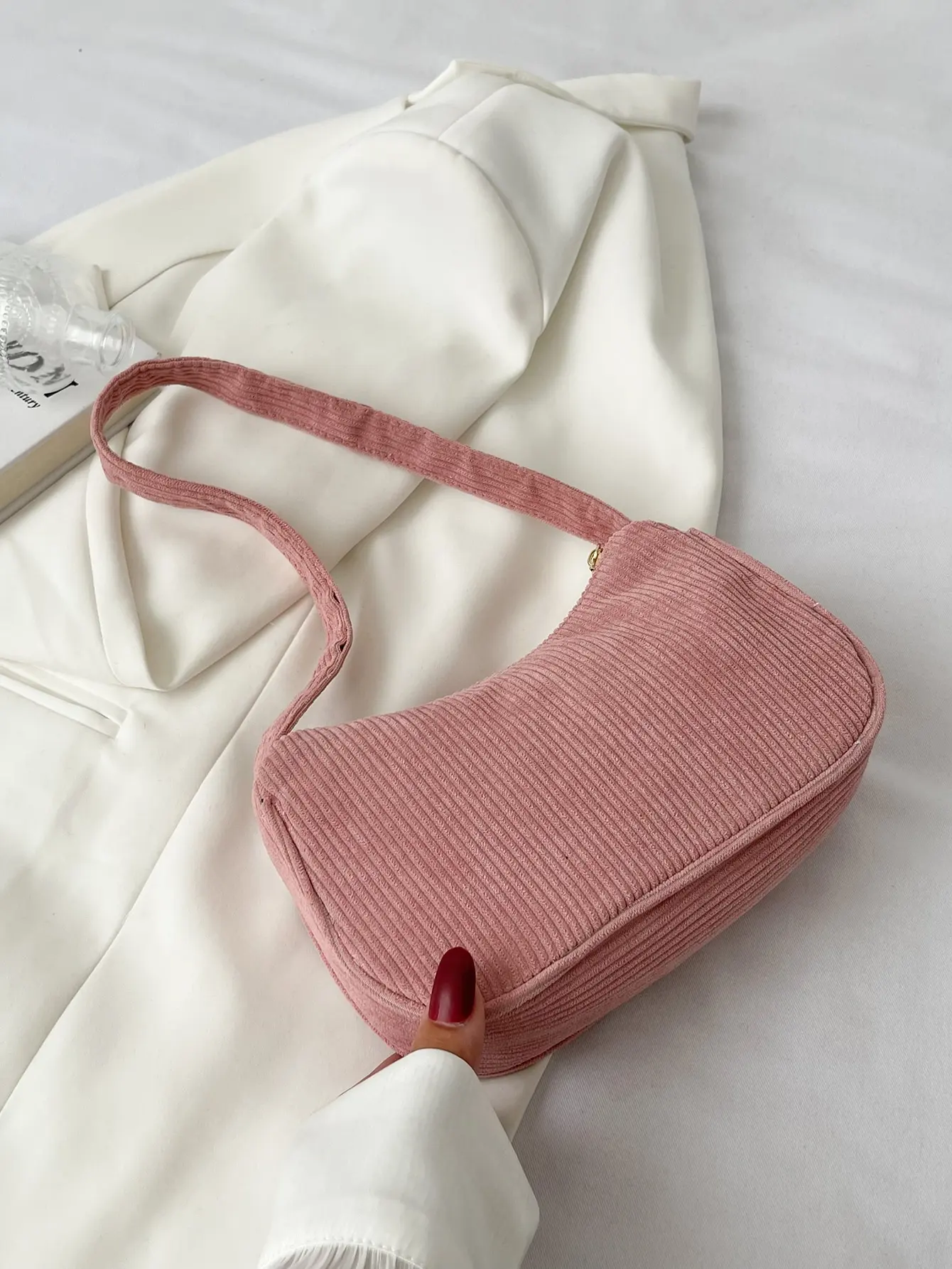 

Women's Pink Corduroy Saddle Shoulder Bag with Adjustable Strap