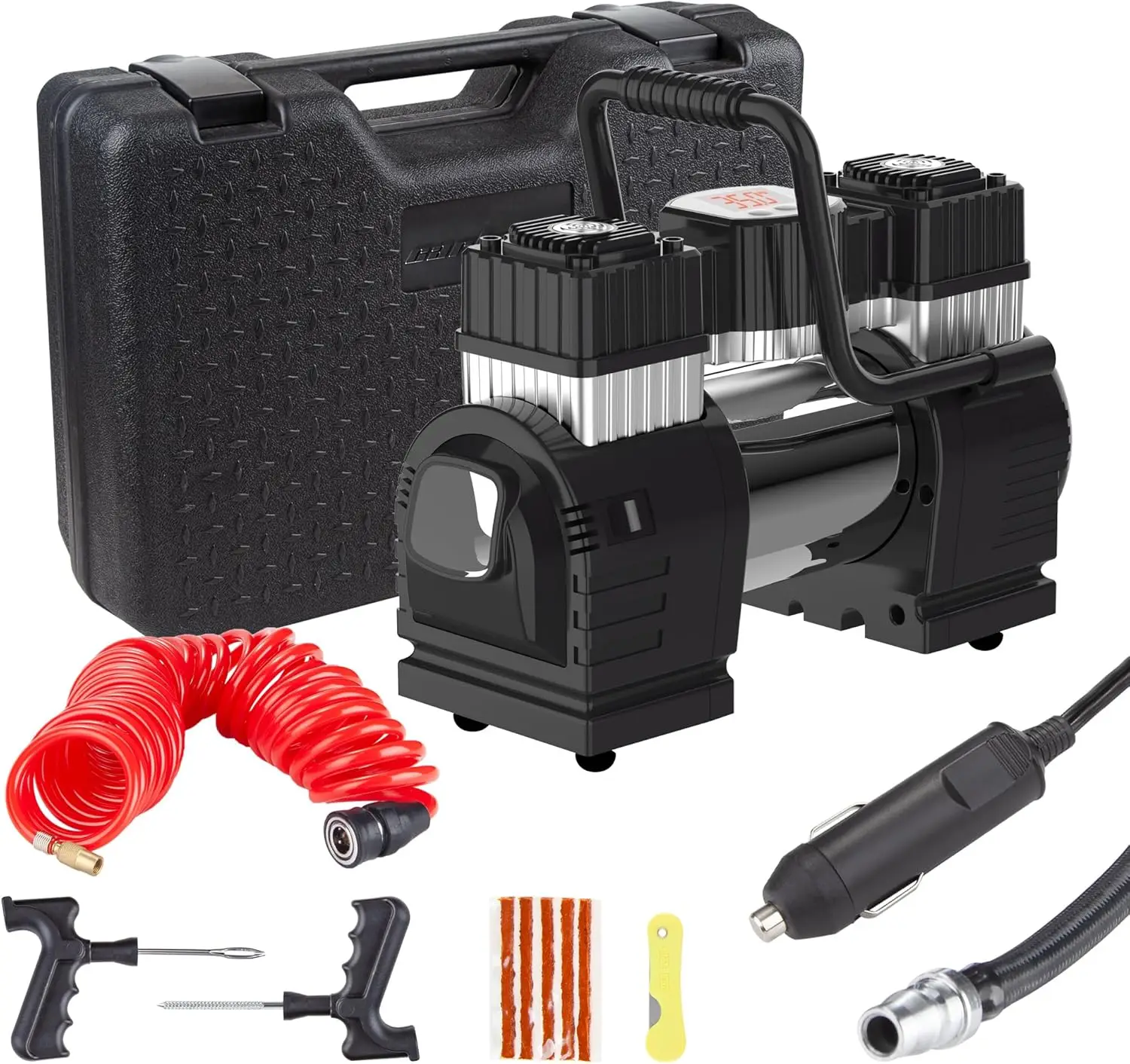 

Двухцилиндровый воздушный компрессор постоянного тока 12 В, портативный насос для накачивания шин 120PSI со светодиодной подсветкой для автомобиля, грузовика, внедорожника, автофургона, мячей