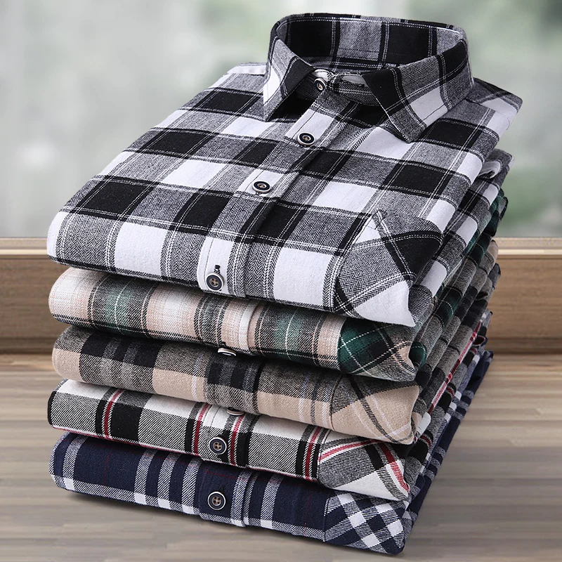 Men\'s 100% Pure Cotton Flannel Soft Regular-fit Long Sleeve Brushed  Shirt Single Pocket Comfortable Casual Plaid  Shirts S-8XL