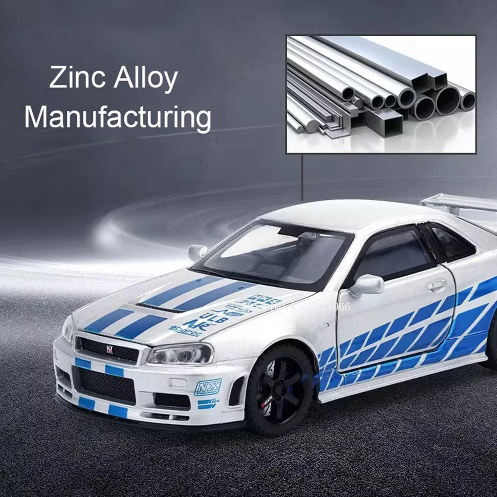 1:32 Alloy Nissan GTR R34 Modele Zabawki Samochody Gumowe Opony Koło Wycofać Supercar Światło Dźwięk Miniaturowy Pojazd Maluch Dzieci Prezent