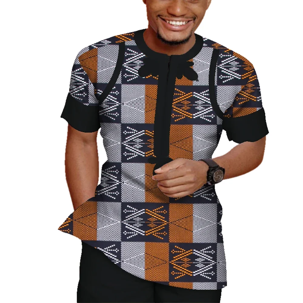 2pcs set Men Top Shirt and pant trousers set Bazin Riche African Men Clothes Cotton Print Patchwork Short Sleeve Dashiki WYN943