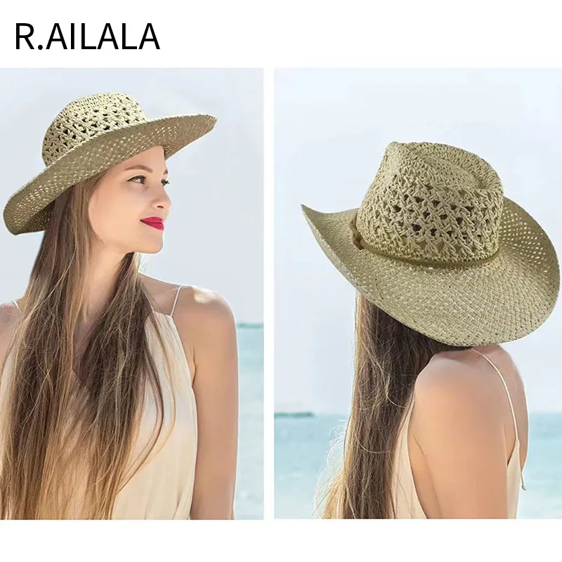 Panama Hat Summer Sun Hats for Women Man Hollow Out Beach Straw Hat for Men UV Protection Cap Chapeau Femme Women\'s Cowboy Hat