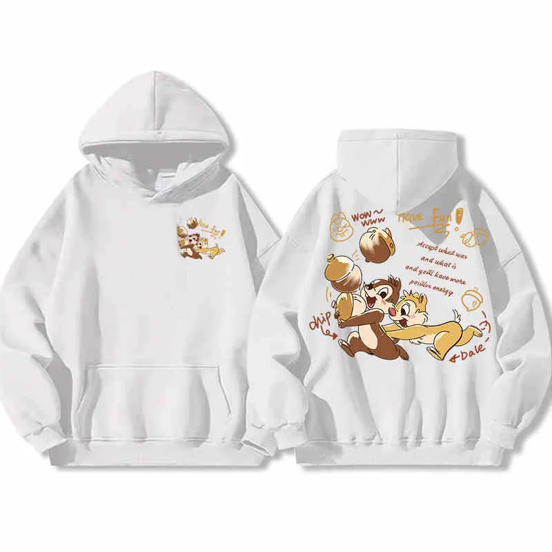 Disney Chip And Dale Sweatshirt Womens Hooded Autumn Cartoon Squirrel Print Pure Cotton Loose Coat Trendy Unisex Long Sleeve Top