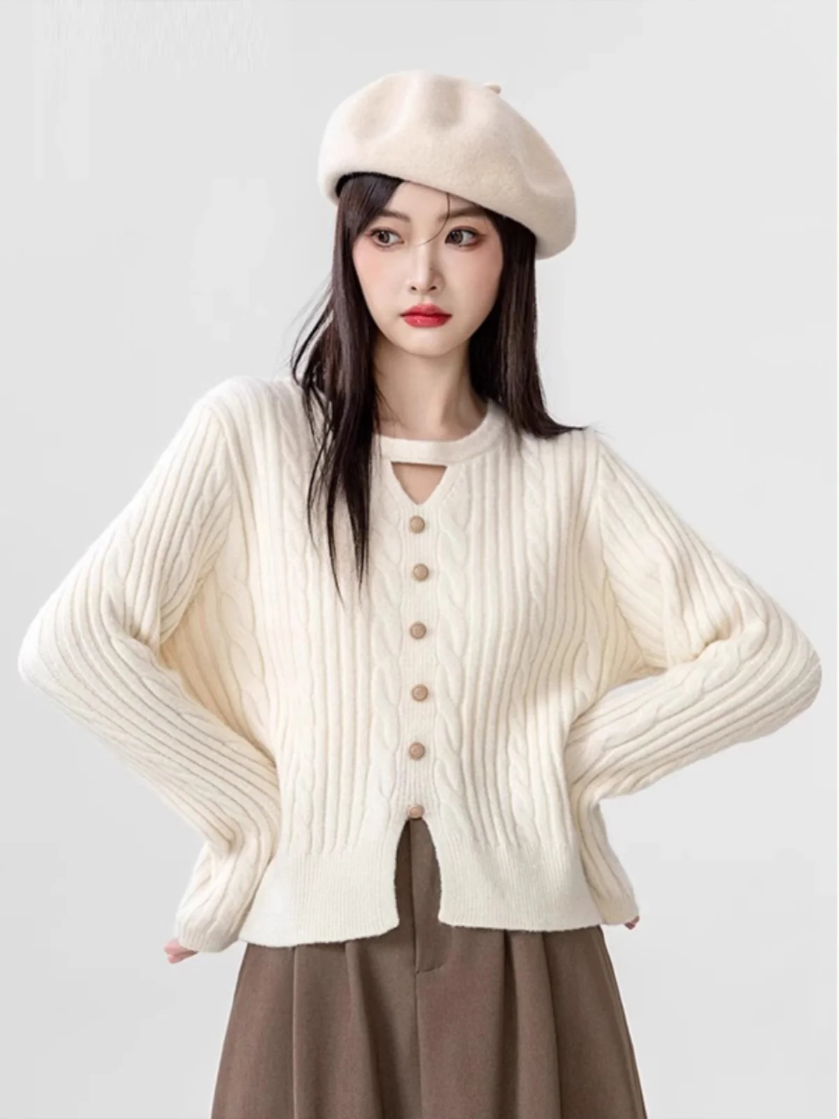Autumn Winter Women's Knitted Twist Sweater V-Neck Hanging Neck Design Short Top Fashionable Straight Cut Long Sleeve Crew Neck