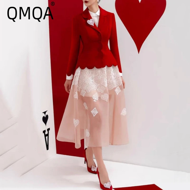 QMQA Fashion Women's Notched Collar Lapel Long Sleeve Blazer Sleeveless Belt Patchwork Embroidery Female New Dress New 1A631