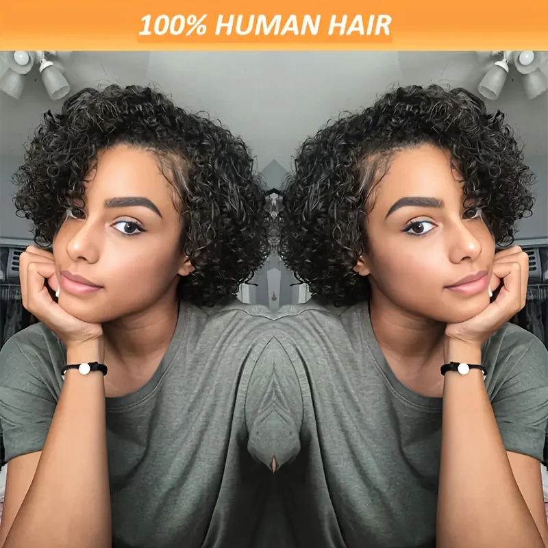 

13x4 frontal lace human hair wig natural black color 8inch 150% density remy short curly pixie cut wig party use wig